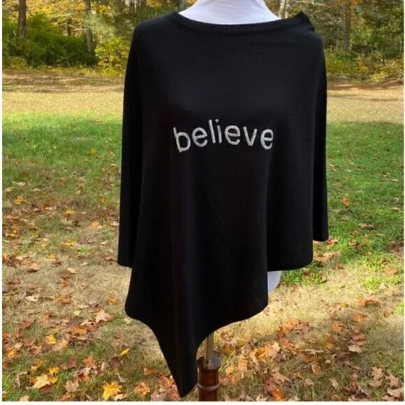 Poncho with Silver Sequins Believe Cotton Blend Black One Size - Picture 2 of 9